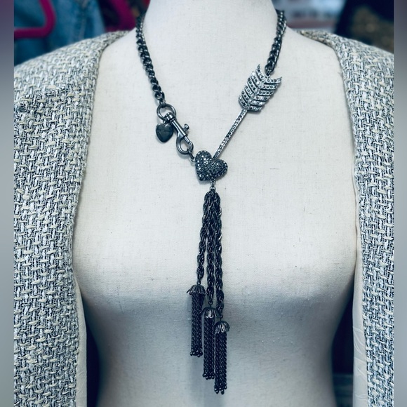 Betsey Johnson Jewelry - Betsey Johnson Heart Chain Necklace 20" Cupid Arrow Long Layered Icy Crystal